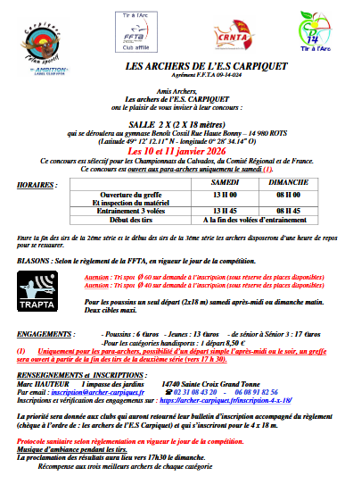 concours tir 18m -Salle  2x(2x18mètre)- CARPIQUET à ROTS LE 10et 11 Janvier 2026
