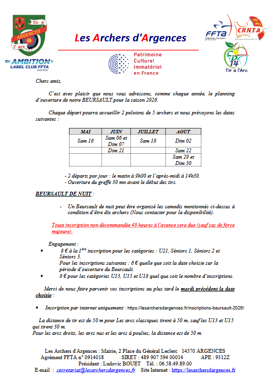 CONCOURS TIR BEURSAULT -ARGENCES - Le 16 MAI 2026 - le 06 JUIN 2026-LE 07 JUIN 2026- LE 21JUIN 2026-LE18 JUILLET 2026- LE 02 AOUT 2026-LE 22 AOUT 2026-LE29 AOUT 2026-LE 30 AOUT 2026
