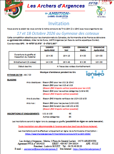 concours  tir 18m Salle-ARGENCES du 17-18/10/2026