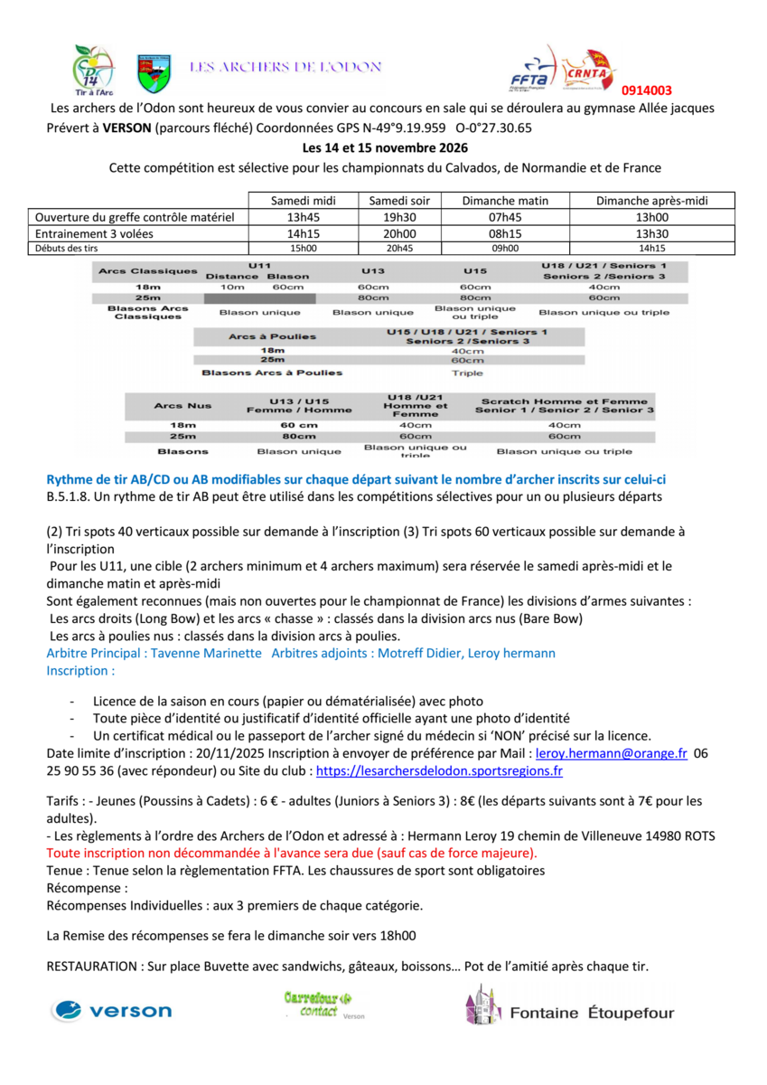 Concours Tir 18 m Salle- VERSON du 14 et15/11/2026