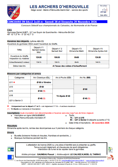 concours Tir 18m-Salle-HEROUVILLE ST CLAIR du 28-29/11/2026