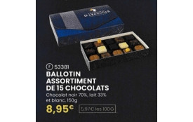 Réf F-Code 53381-BALLOTIN ASSORTIMENT DE 15 CHOCOLATS boite de 150g